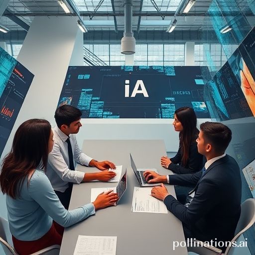 Uma equipe de vendas e marketing colaborando em frente a um painel digital futurista exibindo gráficos de qualificação de leads e ícones de IA. O ambiente é moderno e tecnológico, com cores vibrantes e um tom inspirador. Pessoas diversas, sorrindo e apontando para a tela, simbolizando a sinergia entre humanos e tecnologia. A imagem deve transmitir inovação e eficiência.