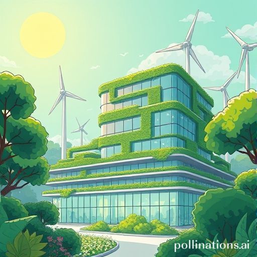 Uma ilustração vibrante e futurista de um data center verde, com painéis solares no telhado, turbinas eólicas ao redor e vegetação exuberante integrada à arquitetura. O ambiente é limpo e moderno, com raios de luz verde simbolizando energia renovável e eficiência. O texto alt para esta imagem é: Sustentabilidade na Nuvem: Data Center Verde e Energias Renováveis.