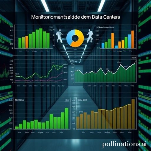 Uma representação visual de um painel de controle de data center mostrando métricas de eficiência energética, como PUE,