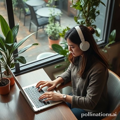 Uma pessoa sorrindo e usando fones TWS brancos enquanto trabalha em um notebook em um café moderno e iluminado, com plantas ao fundo. A imagem transmite produtividade e conforto, com foco nos fones e na expressão feliz da pessoa.